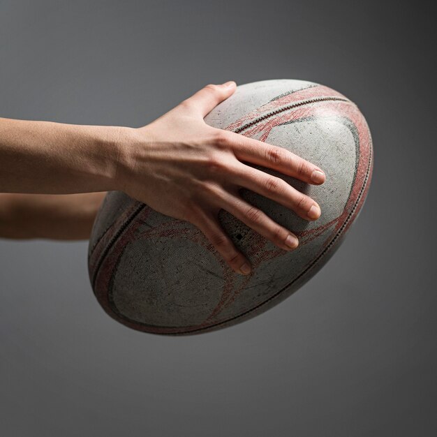 Vista lateral de la mano del jugador de rugby femenino sosteniendo la bola