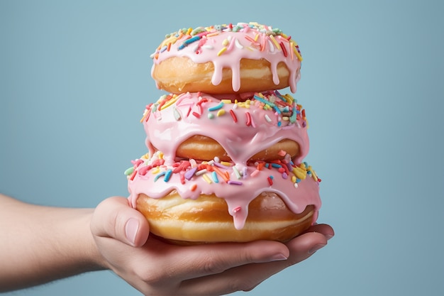 Foto gratuita vista lateral mano sosteniendo deliciosas donas