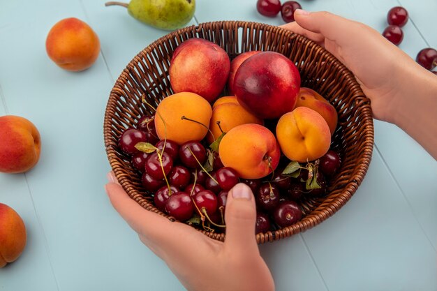 Vista lateral de manos femeninas sosteniendo la cesta de frutas como albaricoque y melocotón con cerezas peras sobre fondo azul.