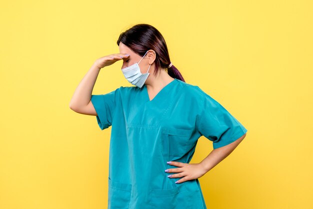 Vista lateral del médico con una máscara está pensando en pacientes con covid