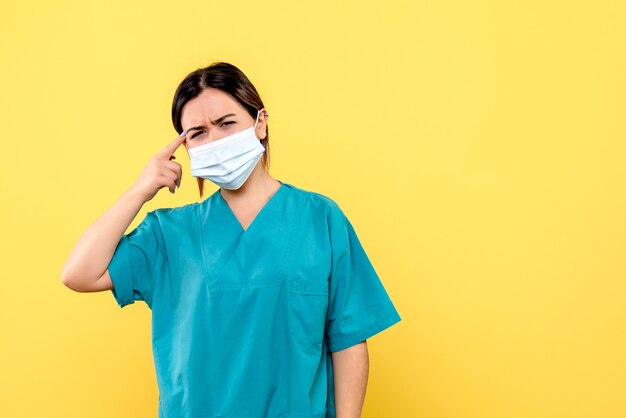 Vista lateral del médico con una máscara está pensando en pacientes con covid