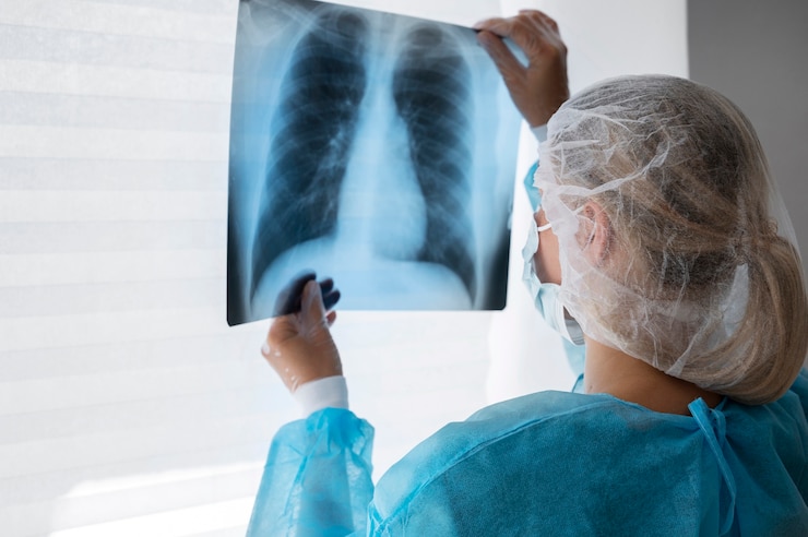 Foto gratuito vista lateral médico revisando radiografía