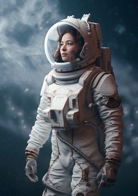 Vista lateral mujer astronauta vistiendo traje espacial