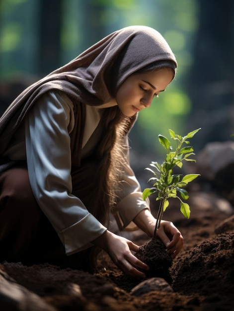 Foto gratuita vista lateral de una mujer islámica en jardinería