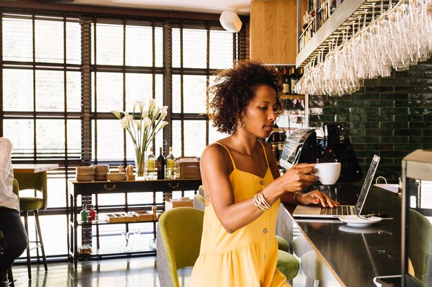 Vista lateral de la mujer joven con el pelo rizado que sostiene la taza de café usando la computadora portátil en el contador de la barra