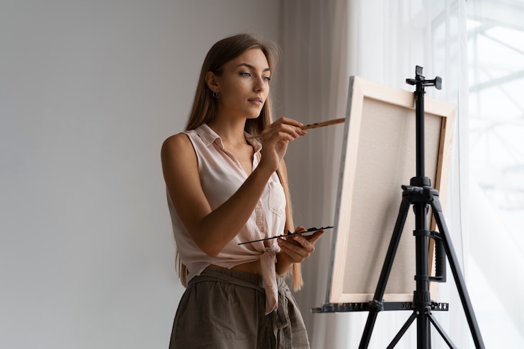 Foto gratuito vista lateral mujer pintando en casa