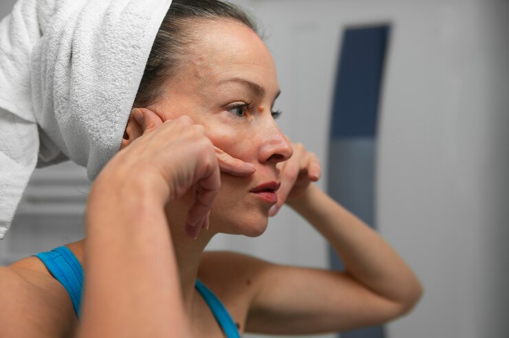 Vista lateral mujer practicando yoga facial