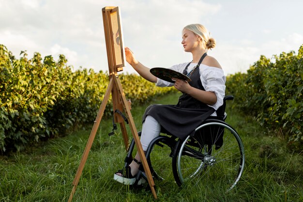 Vista lateral de la mujer en silla de ruedas con paleta y lienzo
