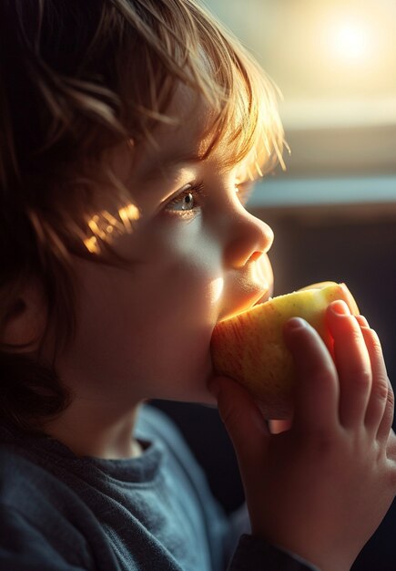 Vista lateral niño comiendo manzana