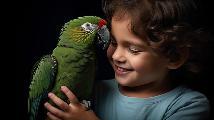 Foto gratuito vista lateral del niño con el loro