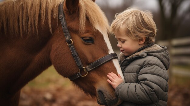 Vista lateral niño sosteniendo caballo