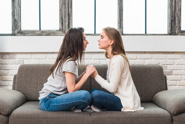 Vista lateral de la pareja de lesbianas jóvenes sentados en el sofá gris, sosteniendo la mano de cada uno mirándose el uno al otro