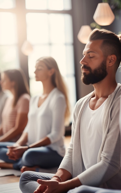 Foto gratuita vista lateral de personas haciendo yoga juntas