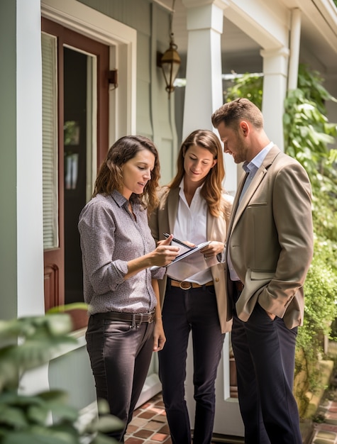 Vista lateral de las personas que trabajan como agentes inmobiliarios