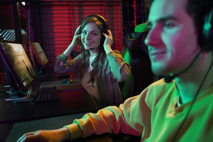Foto gratuito vista lateral de personas sonrientes jugando videojuegos