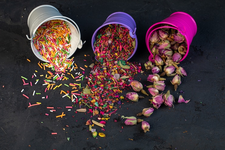 Foto gratuito vista lateral de pétalos de flores secas de té de rosas y chispitas de colores dispersos de pequeños cubos en negro