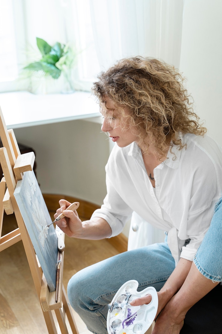 Foto gratuito vista lateral de la pintura de la mujer de pelo rizado en casa