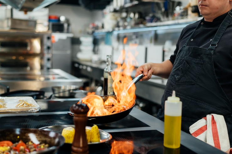 Foto gratuito vista lateral del plato flameado chef masculino
