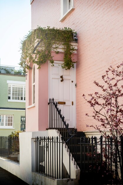 Vista lateral de la puerta principal con pared rosa y plantas.