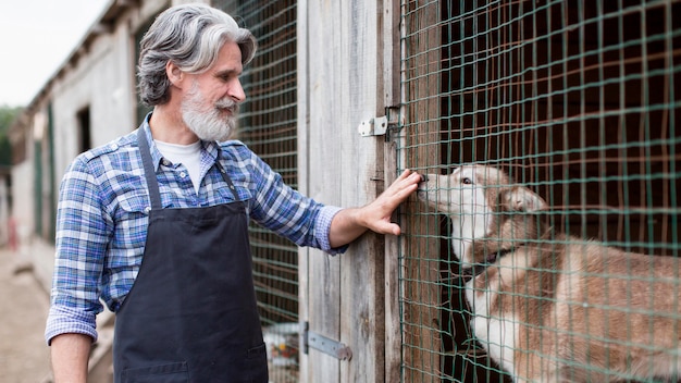 Foto gratuita vista lateral senior al lado de la jaula para perros