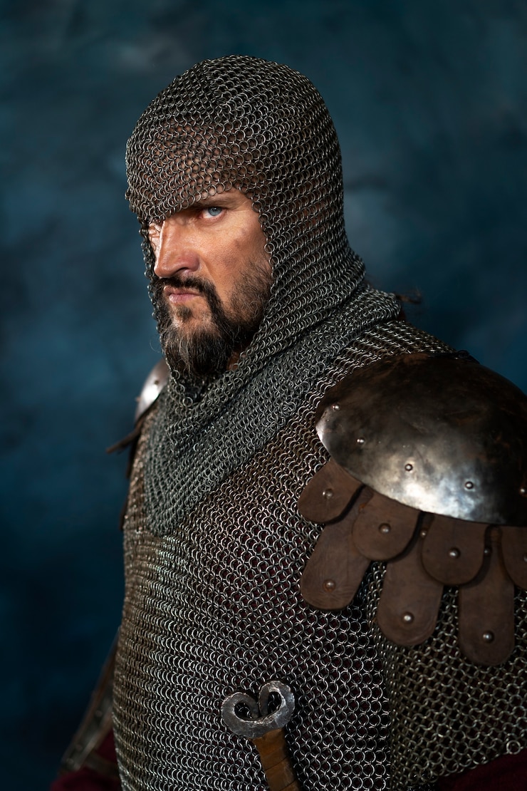Foto gratuito vista lateral soldado medieval posando en estudio