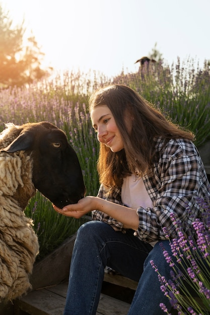 Vista lateral sonriente mujer alimentando ovejas