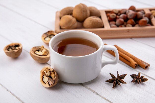 Vista lateral de la taza de té con canela y nueces sobre un soporte sobre una superficie blanca