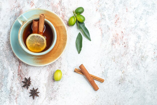 Vista lateral de una taza de té taza de té de hierbas con rodajas de limón y canela en el platillo con cítricos y palitos de canela en la mesa rosa