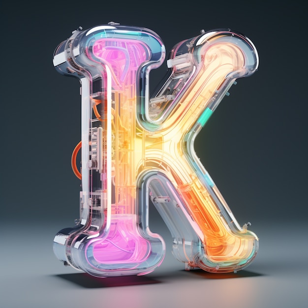 Vista de la letra 3d k con colores de neón
