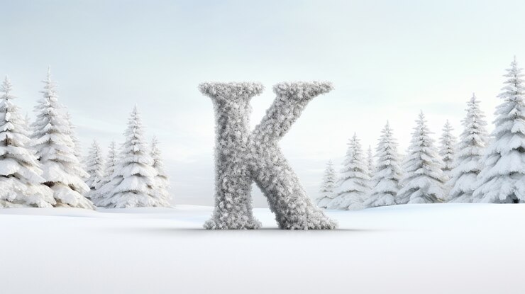 Foto gratuito vista de la letra 3d k con nieve y árboles