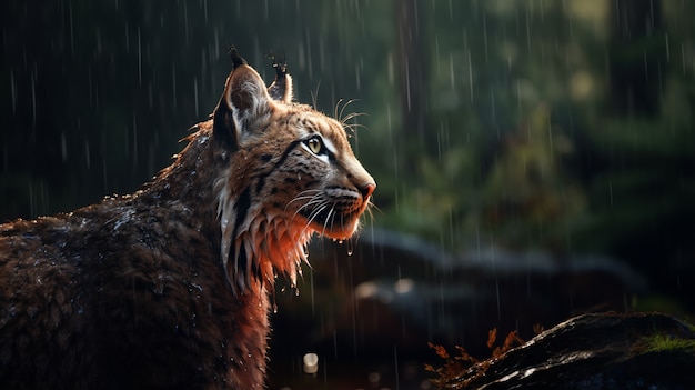 Foto gratuita vista del lince salvaje bajo la lluvia