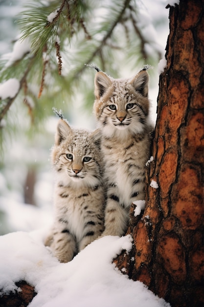 Vista del lince salvaje con nieve en invierno