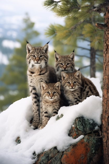 Vista del lince salvaje con nieve en invierno