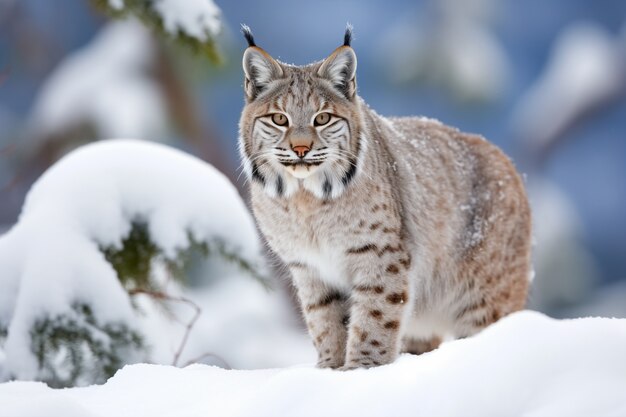 Vista del lince salvaje con nieve en invierno