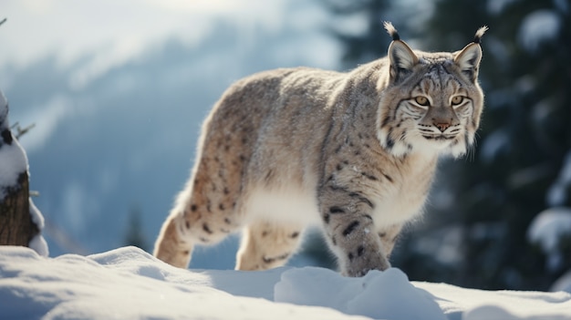 Foto gratuita vista del lince salvaje con nieve en invierno