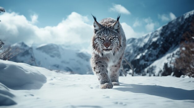 Vista del lince salvaje con nieve en invierno