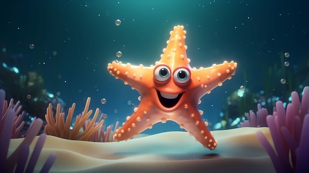 Vista de una linda estrella de mar de dibujos animados en 3D