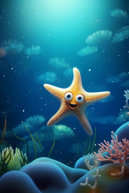 Vista de una linda estrella de mar de dibujos animados en 3D