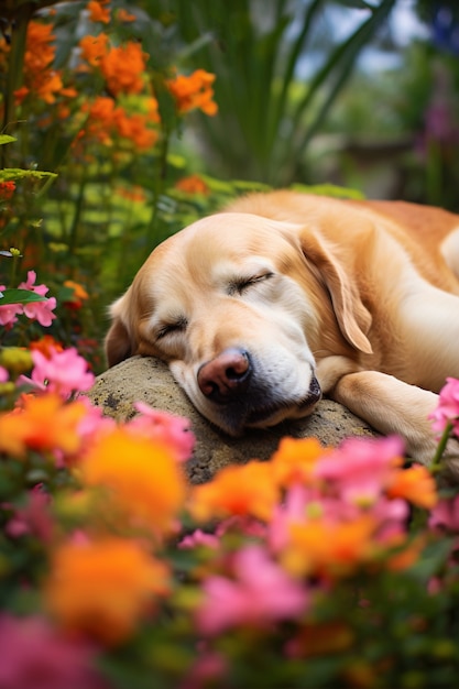 Vista de lindo perro durmiendo al aire libre en la naturaleza
