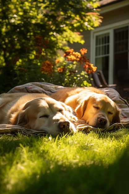 Vista de lindo perro durmiendo al aire libre en la naturaleza