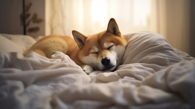 Vista de lindo perro durmiendo en la cama