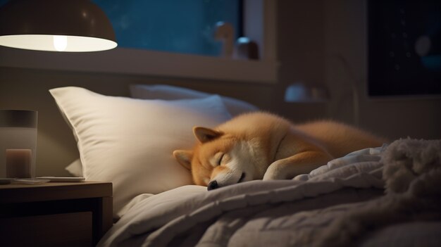 Vista de lindo perro durmiendo en la cama