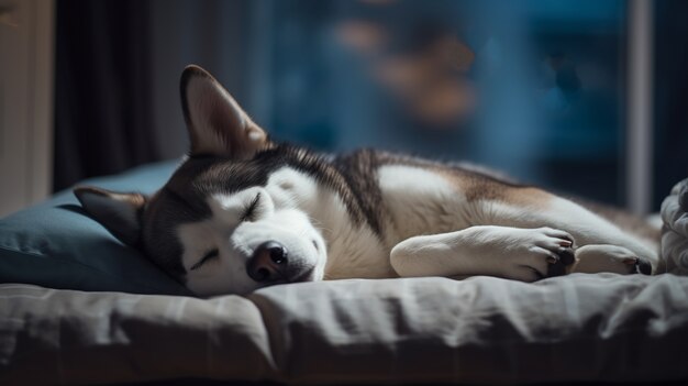 Vista de lindo perro durmiendo en la cama