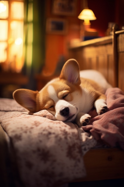 Vista de lindo perro durmiendo en la cama