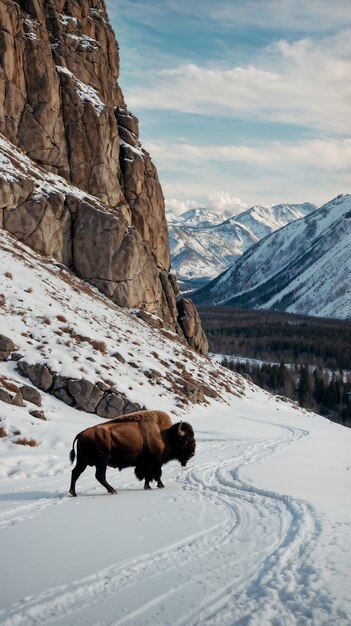 Vista de un majestuoso bisonte en su hábitat natural durante un día de invierno