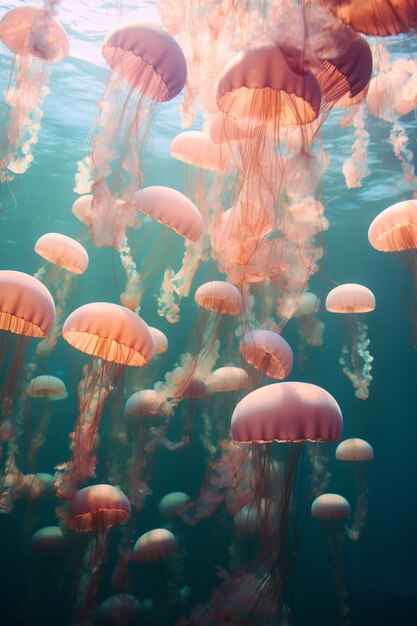 Vista del majestuoso enjambre de medusas en el océano