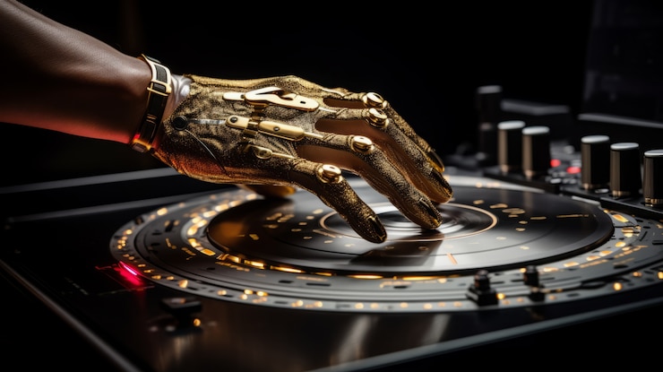 Foto gratuito vista de la mano futurista tocando el vinilo de dj
