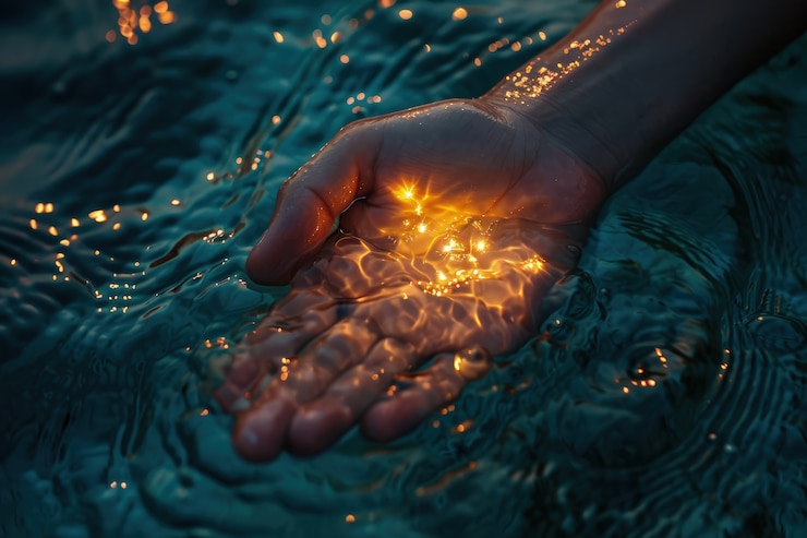 Vista de una mano realista tocando el agua clara que fluye