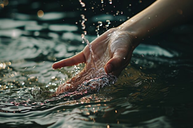 Foto gratuita vista de una mano realista tocando el agua clara que fluye