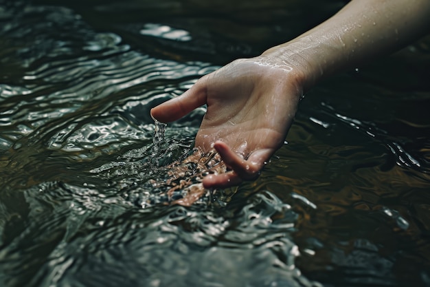 Vista de una mano realista tocando el agua clara que fluye